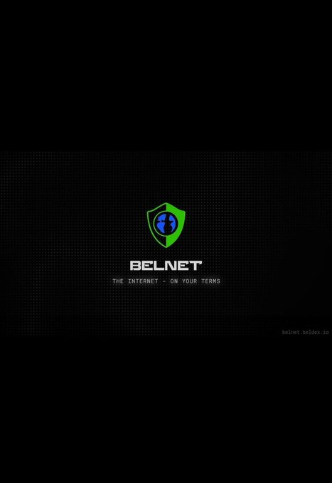 A black splash screen displays a green shield logo with a globe icon, accompanied by the text 'BELNET' and the tagline 'THE INTERNET - ON YOUR TERMS', with 'belnet.beldex.io' at the bottom right.