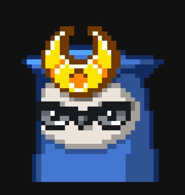 A pixel art portrait of a character with a blue hat, white fur, dark mask, and a yellow/brown object on top.