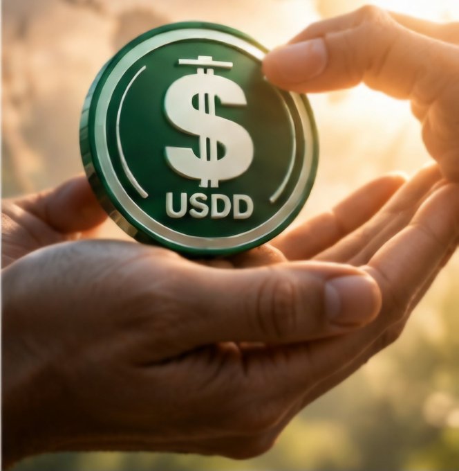 Two hands holding a green coin featuring a dollar sign and the text 'USDD', illuminated by warm sunlight.