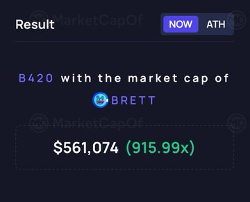 A dark-themed screen showing 'Result: B420 with the market cap of BRETT' showing $561,074 (915.99x) with NOW/ATH toggle options.