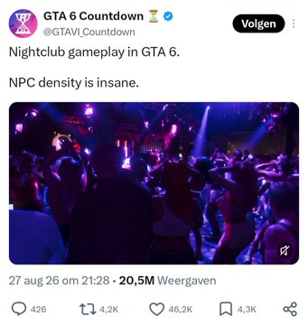 A social media post from "GTA 6 Countdown" (@GTAVI_Countdown) showcases a nighttime gameplay screenshot of a crowded nightclub scene, captioned "Nightclub gameplay in GTA 6. NPC density is insane." The post has garnered 20.5M views, 46.2K likes, and 4.2K retweets, and while tagged with "$NPC," it actually highlights the high density of non-playable characters in the virtual club rather than the cryptocurrency ticker.