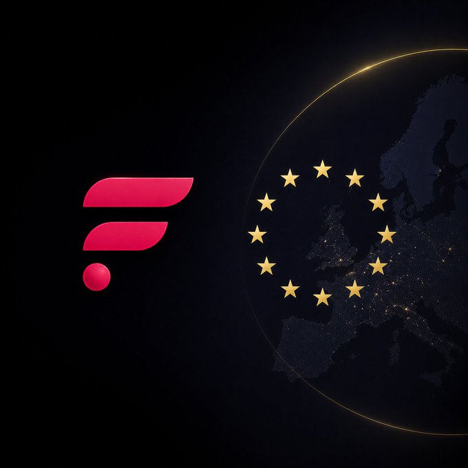 A red stylized "F" logo (representing Flare/FLR) appears alongside a darkened view of Europe encircled by twelve gold stars—the symbol of the European Union—symbolizing FLR's regulatory approval and trading admission across EU/EEA markets under the MiCA framework, with Luxembourg as the home state.
