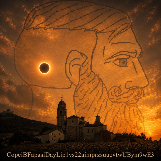 An artistic composite image showing an eclipse over a historic village silhouetted against an orange sky, with a sketched outline of a bearded man's face overlaid, and the text 'CopciBFapasiDayLip1vs22aimprzsuuevtwUBym9wE3' at the bottom.