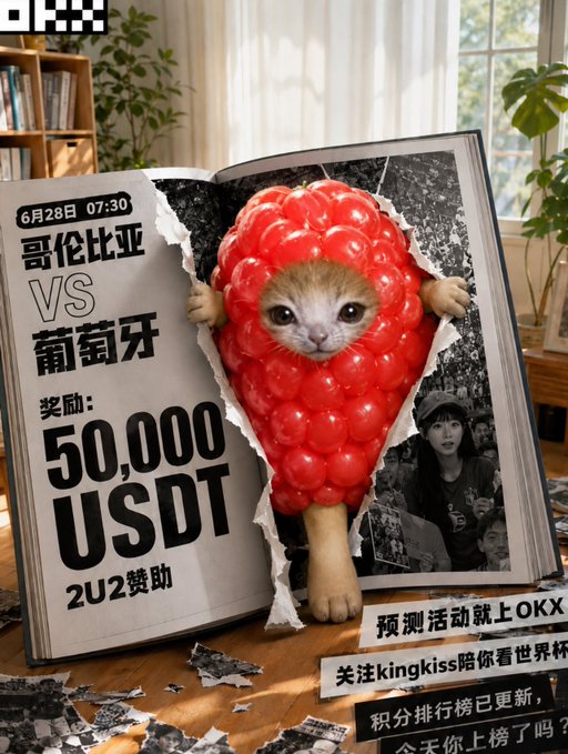 The image shows a promotional advertisement styled as a newspaper with a cat wearing a raspberry costume bursting through the pages, advertising a World Cup prediction event on OKX featuring Colombia vs. Portugal on June 28 at 07:30 with a 50,000 USDT prize sponsored by 2U2. The post describes the user's strategy of placing a small bet on both teams scoring in the Colombia vs. Portugal match using free XP from OKX's World Cup prediction event, directly referencing the match and platform shown in the ad.