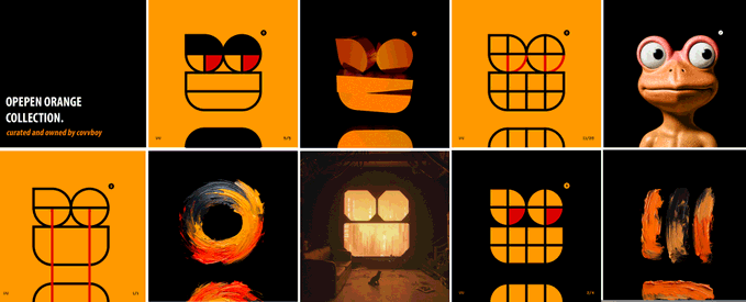 An 'Open Orange Collection' design grid featuring ten minimalist and abstract face logos in black, orange, and yellow tones, created and owned by Cowboy.