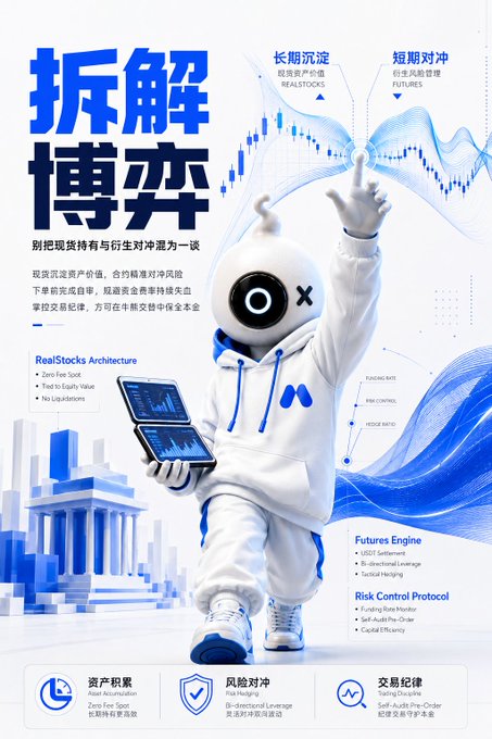 A promotional graphic featuring a white robot mascot in a hoodie pointing upward, with Chinese text '拆解博弈' (Deconstructing the Game) and English terms like 'RealStocks Architecture,' 'Futures Engine,' and 'Risk Control Protocol' displayed against a blue financial chart background.