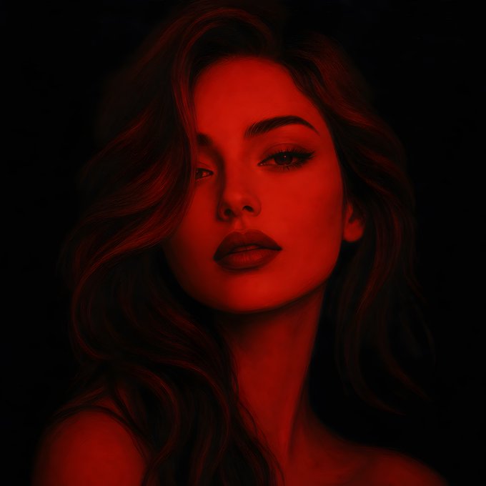 A woman's portrait bathed in intense red light against a dark background, her flowing hair and striking features illuminated to evoke a sense of smoldering intensity—visually capturing the "crimson heat" and "inner fire" described in the artist's 900th mint milestone celebration on objkt.