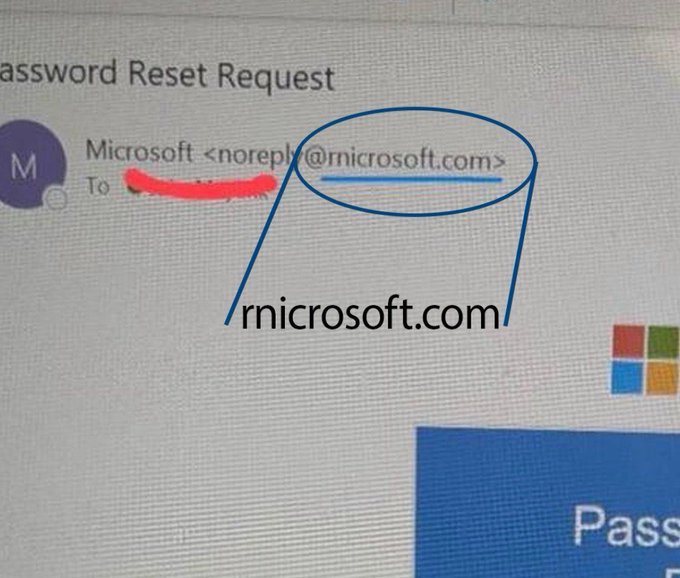 A close-up of a fake "Password Reset Request" email purporting to be from Microsoft, with the sender address "noreply@rnicrosoft.com" highlighted to reveal the subtle swap of the "m" for "r" and "n"—a phishing tactic that exploits the visual similarity between characters. The scam demonstrates how fraudsters mimic legitimate brands by slightly altering email domains to deceive recipients.