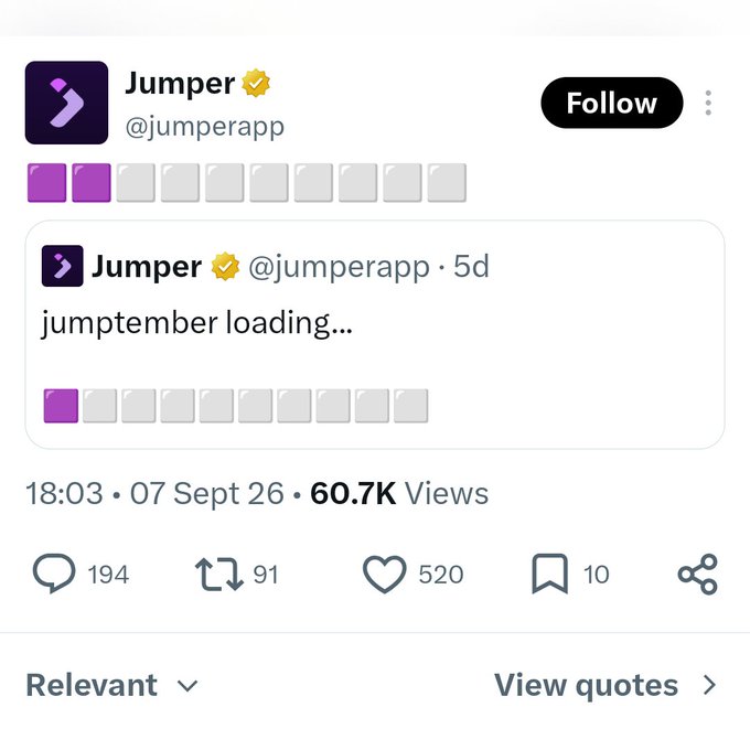 A screenshot of a tweet from @jumperapp showing a self-quote reading "jumptember loading..." with 60.7K views, 520 likes, and 194 replies. The post teases an upcoming September announcement for the Jumper project, hinting at a possible token launch or other reveal.