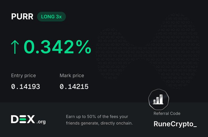 The image shows a screenshot of a page from an online cryptocurrency exchange that has information about a long trading period, its fee structure, and an advertisement for a cryptocurrency called PURR. The main focus of the text in the screenshot reads "longed $PURR on Hyperliquid here' s the thesis #10 by mcap. new ATH. ETF launched. CFTC just approved perps. $HYPE is the #1 coin of the year and it' s not close now what happens when the".