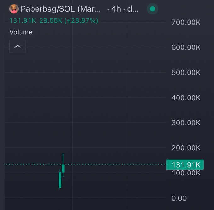 The image shows a trading chart for the "Paperbag/SOL" token on a 4-hour timeframe, displaying a price of $131.91K with a significant gain of +28.87% (+29.55K) in teal green, while the volume chart shows only a small spike near the bottom around the 100K mark, illustrating the low trading volume consistent with the post's claim of being "super early" on the $PAPERGIRL token before its 100x potential is realized.