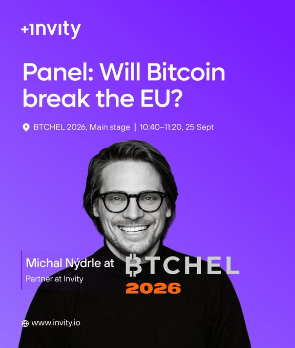 A promotional graphic with a purple background featuring Michal Nydrle, Partner at Invity, speaking at the BTCHEL 2026 panel titled 'Will Bitcoin break the EU?' on September 25th.