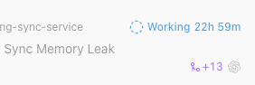 A digital interface screenshot showing the text 'Sync Memory Leak' alongside a 'Working 22h 59m' indicator and a '+13' counter.