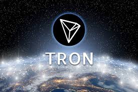 The image shows the TRON logo displayed prominently against a cosmic, starry background with a glowing network overlay, reinforcing the cryptocurrency's branding and its connection to a global, decentralized digital future as referenced in the post.