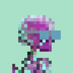 A pixel art character with purple skin, a white cap, and blue sunglasses appears against a mint green background.
