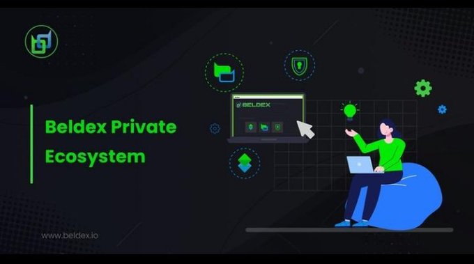 A promotional graphic for 'Beldex Private Ecosystem' with the website 'www.beldex.io' displays an illustration of a woman sitting on a beanbag with a laptop, surrounded by tech and privacy icons.
