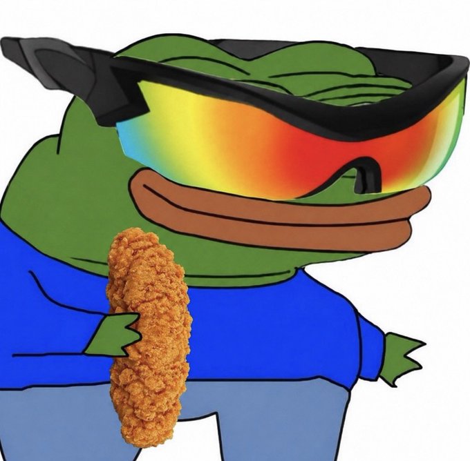 An illustration of the Pepe the Frog character wearing iridescent sunglasses and a blue shirt, holding a piece of fried chicken.