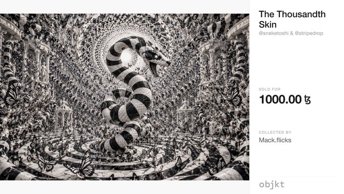 An NFT listing on Objkt titled "The Thousandth Skin" by @sneketoshi & @stripedrop, showing a black and white illustration of a snake with butterflies, sold for 1000.00 ₮, collected by Mack.flicks.