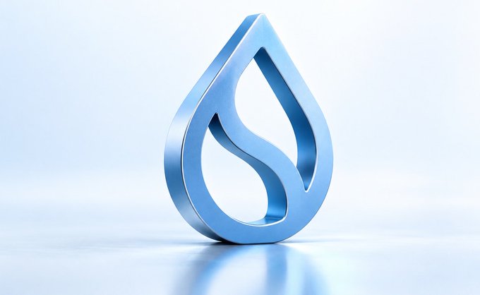 A 3D rendered blue metallic water droplet logo, which is the Sui cryptocurrency symbol, displayed on a light background.