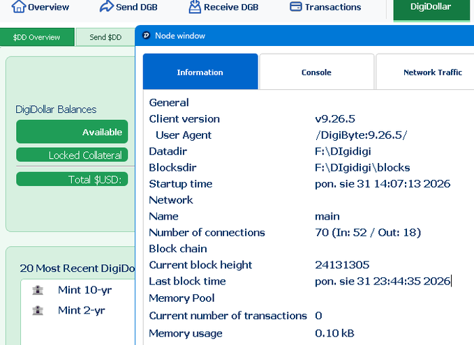 A screenshot of the DigiByte wallet application interface shows the 'Node window' displaying client version v9.26.5, 70 network connections, and a current block height of 24,131,305, with 0 transactions in the memory pool.