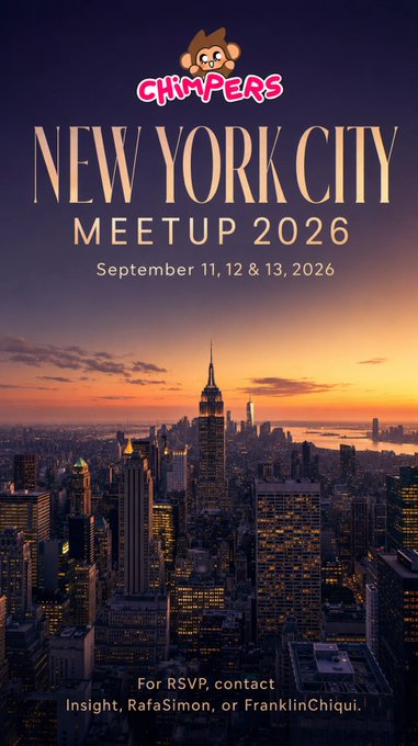Promotional poster for 'CHIMPERS NEW YORK CITY MEETUP 2026' on September 11, 12 & 13, 2026, featuring a New York City skyline at sunset, with RSVP contact info for Insight, RafaSimon, or FranklinChiqui.