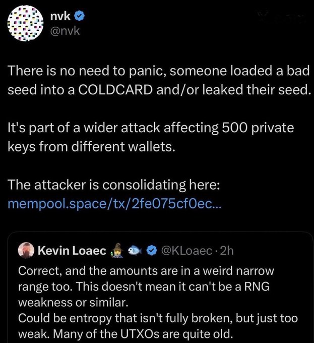 A tweet from verified user @nvk claims there's no need to panic about a security incident affecting approximately 500 private keys from various wallets, including COLDCARD, suggesting someone loaded a bad seed or leaked their seed. The accompanying post criticizes @nvk for allegedly spreading disinformation to avoid accountability during a coordinated effort to alert victims of the attack.