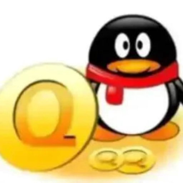 The QQ penguin mascot wearing a red scarf stands next to a large golden 'Q' coin, with smaller coins scattered on the ground.