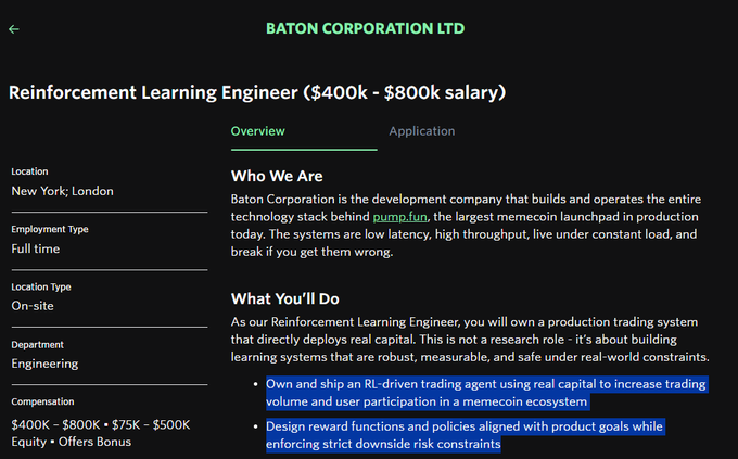 A job listing from Baton Corporation Ltd for a Reinforcement Learning Engineer ($400k-$800k salary) in New York/London, stating "you'll own a production trading system that directly deploys real capital" to "increase trading volume and user participation in a memecoin ecosystem." The listing appears to confirm the poster's criticism that Baton (behind pump.fun) openly recruits engineers to build trading bots that extract value from their platform.