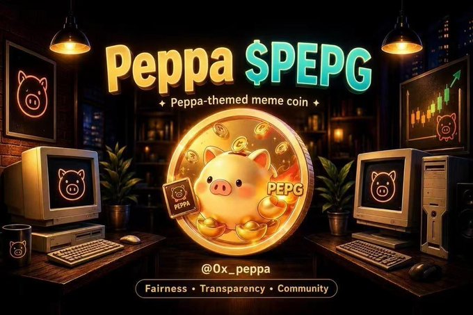 Promotional graphic for 'Peppa $PEPG', a Peppa-themed meme coin, featuring a large gold coin with a pig character and text including '@0x_peppa' and 'Fairness • Transparency • Community'.