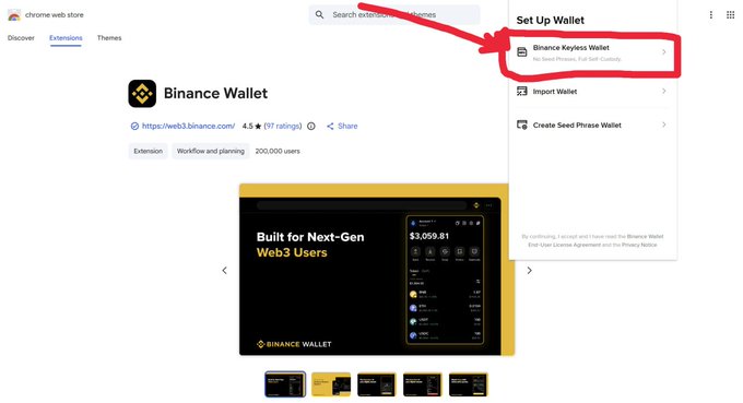 A screenshot of the Chrome Web Store showing the Binance Wallet extension page, with a red arrow and circle highlighting the 'Binance Keyless Wallet' option in the Set Up Wallet menu.