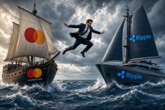 A man in a business suit leaps between two sailing ships on stormy seas—one flying a Mastercard flag and the other displaying Ripple's logo—symbolizing the transition from traditional finance (Mastercard) to Ripple ($XRP) as referenced in the "HODL! $ZBCN / $XRP" post.