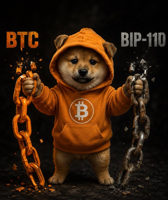 A dog wearing an orange Bitcoin-themed hoodie holding two chains, one orange labeled 'BTC' and one rusty labeled 'BIP-110,' referencing the Bitcoin Improvement Proposal debate.