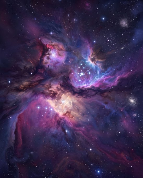 A vivid space illustration depicting a vibrant nebula filled with swirling clouds of pink, purple, and blue gas, illuminated by bright star clusters and accompanied by distant spiral galaxies.