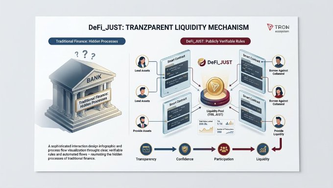 An infographic titled 'DeFi_JUST: TRANSPARENT LIQUIDITY MECHANISM' by TRON ecosystem, comparing 'Traditional Finance: Hidden Processes' with 'DeFi_JUST: Publicly Verifiable Rules' through a flow diagram.