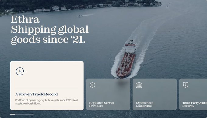 An aerial advertisement for Ethra Shipping reading 'Shipping global goods since '21' alongside a large cargo ship sailing through blue waters, with sections including 'A Proven Track Record,' 'Regulated Service Providers,' 'Experienced Leadership,' and 'Third-Party Audit Security.'