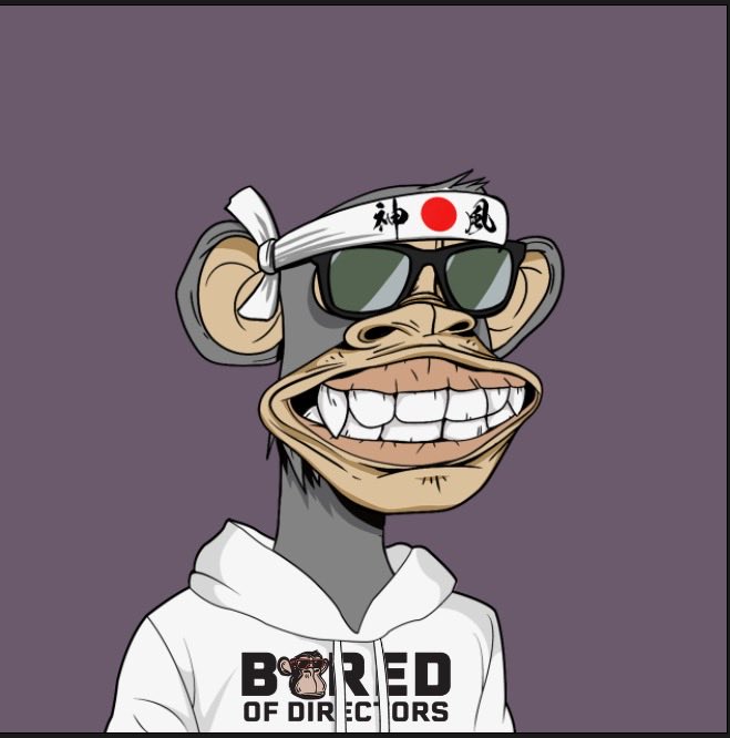 A Bored Ape NFT character wearing a Japanese headband with the Hinomaru and dark sunglasses, dressed in a white 'Bored of Directors' hoodie against a purple background.