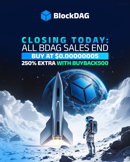 A BlockDAG promotional graphic featuring an astronaut watching a rocket launch toward a planet with the BlockDAG logo, advertising the final day of BDAG sales at $0.00000005 with a 250% extra bonus using the code "BUYBACK500."