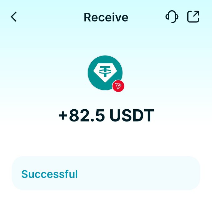 Mobile app screenshot showing a successful USDT (Tether) cryptocurrency receive transaction of +82.5 USDT, with the Tether logo and TRON network indicator visible.
