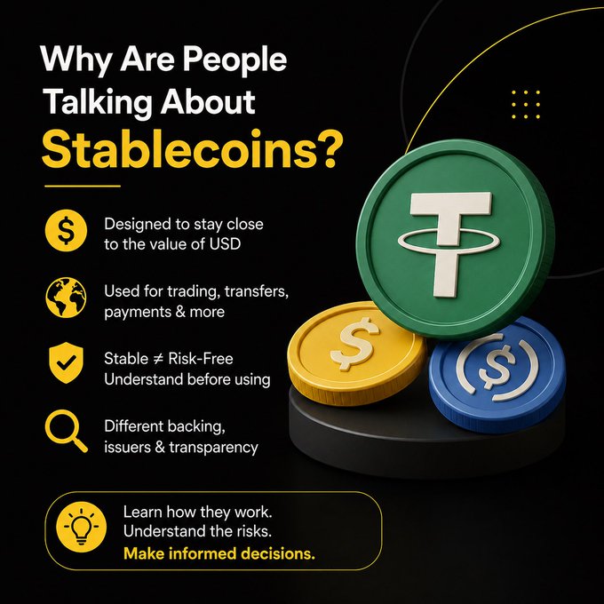 An informational graphic titled "Why Are People Talking About Stablecoins?" featuring 3D-rendered green Tether (USDT), gold, and blue coin tokens, highlighting key points that stablecoins are designed to stay close to USD value, are used for trading/transfers/payments, aren't risk-free, and vary in backing and transparency—with a call to action encouraging viewers to learn how they work and make informed decisions.