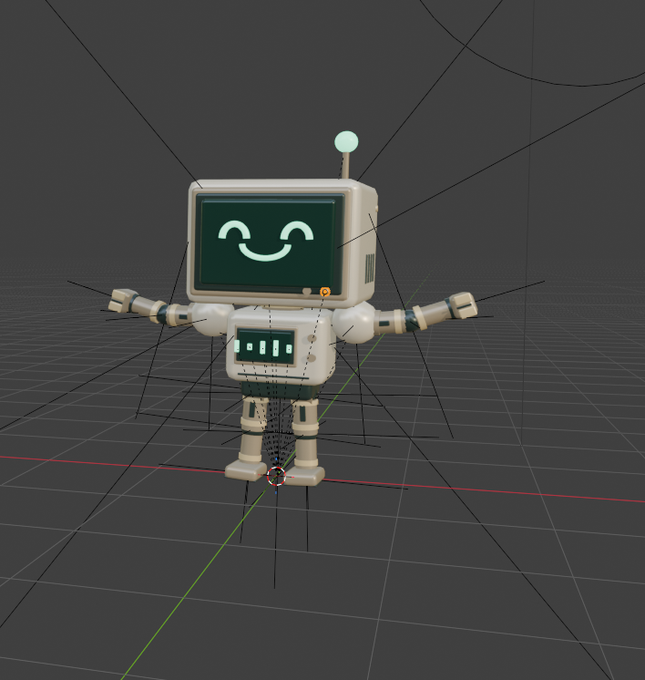 A 3D model of a small white robot with a smiling screen face and a green-lit antenna, posed with outstretched arms in a 3D modeling software viewport.