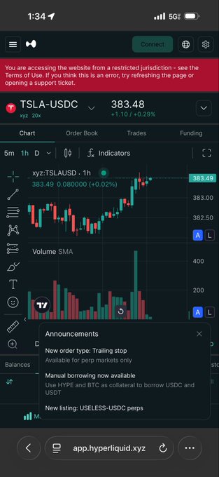 A mobile view of the Hyperliquid app showing the TSLA-USDC trading pair at 383.48, with a restriction warning banner at the top.