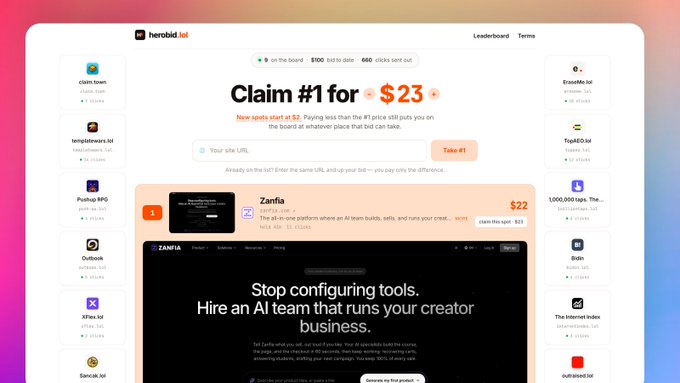 A screenshot of the herobid.lot website showing an AI tool auction where users can bid for the top spot, with Claim #1 currently at $23 and Zania's listing at $22.