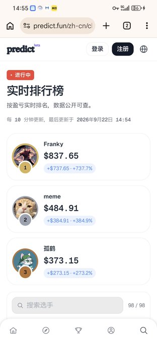 Mobile screenshot of the predict.fun real-time leaderboard (in Chinese) showing the top three traders 'Franky' ($837.65, +737.7%), 'meme' ($484.91, +384.9%), and '孤鹂' ($373.15, +273.2%) as of September 22, 2026.