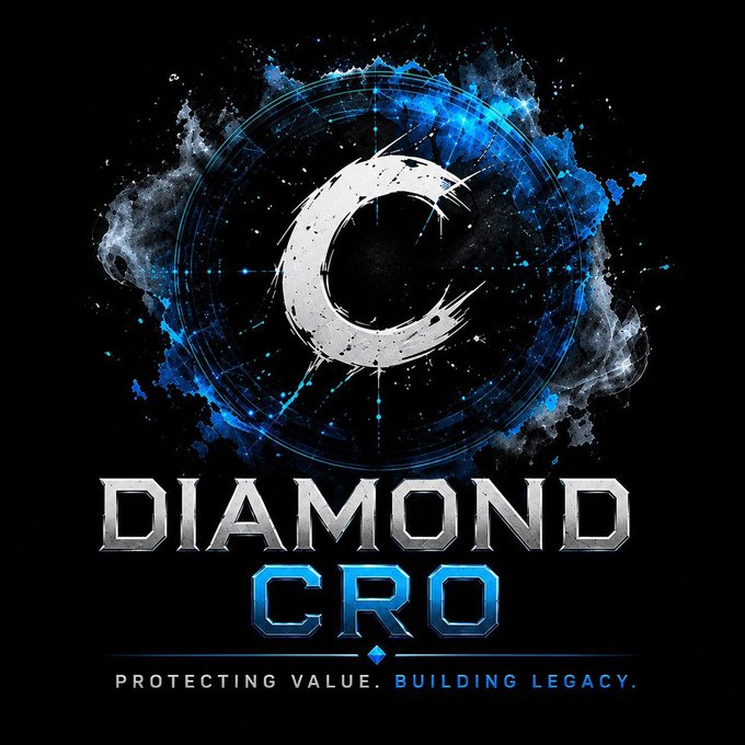 A bold logo design for 'DIAMOND CRO' features a stylized white 'C' emblem surrounded by blue cosmic effects, with the tagline 'PROTECTING VALUE. BUILDING LEGACY.'