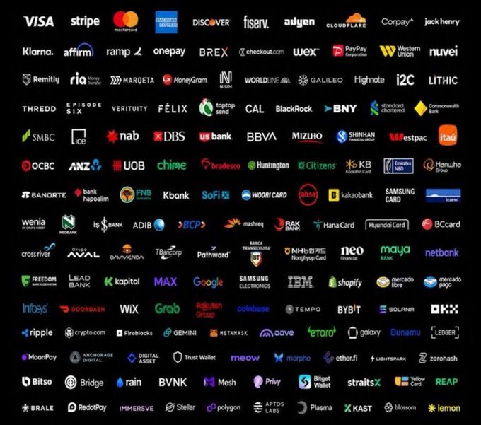 A collage displays numerous financial and crypto company logos—including Visa, Mastercard, Discover, BlackRock, Coinbase, BNY, and American Express—alongside brands like Stripe, IBM, and Shopify, visually illustrating the post's claim about major financial firms partnering on a joint stablecoin called $OUSD.