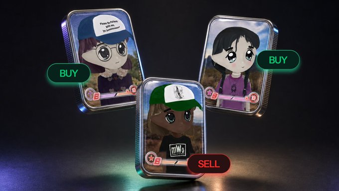Three animated cartoon-style trading cards featuring chibi characters in various outfits are displayed with green 'BUY' and red 'SELL' buttons overlaid on them.