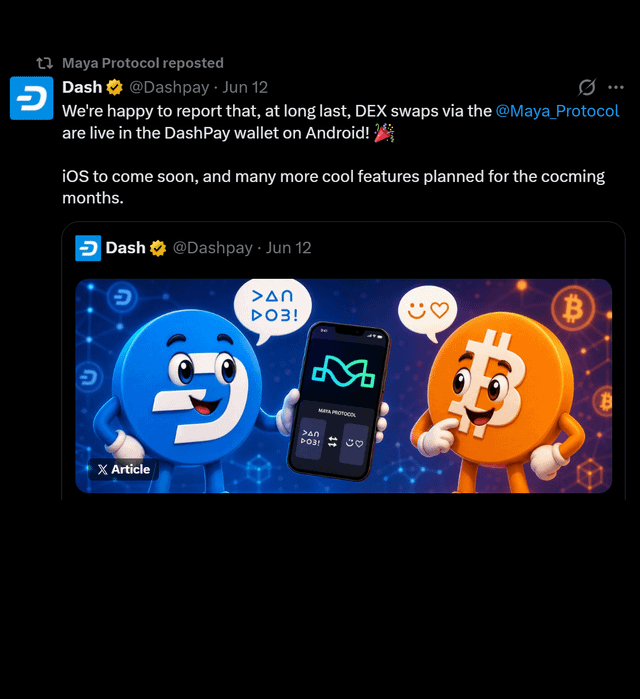 In the image, there's a screenshot of an online post that reads "Maya Protocol. Swap now at long last! Dex swapping via the MayaProto account!". The main focus of the image is two animated characters positioned next to each other - one appears to be holding a phone and they are both depicted as friendly and smiling. 

The background of the image reveals that it's a Twitter post, with text such as "DASH! #dashes". In this particular part of the image, there is also an explanation about Bitcoin being a peer-to-peer digital currency.