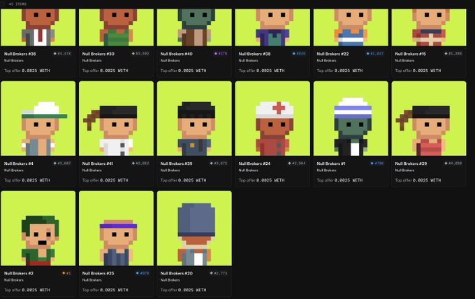 A grid of pixel art character portraits, labeled 'Null Brokers' with various numbered IDs (#36, #30, #40, etc.), shows top offer prices in ETH against a bright green background.