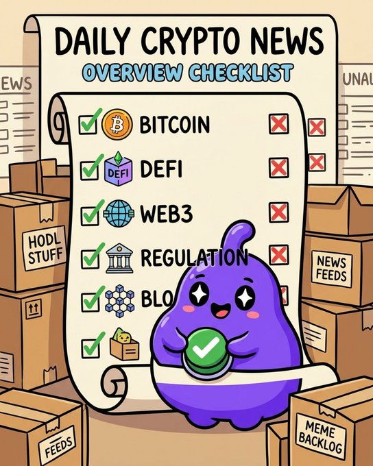 A cheerful purple mascot holds a "Daily Crypto News Overview Checklist" listing categories like Bitcoin, DeFi, Web3, Regulation, and Blockchain—all checked off except Regulation and an obscured item. The scene is surrounded by cardboard boxes labeled "HODL STUFF," "NEWS FEEDS," and "MEME BACKLOG," playfully illustrating the daily crypto news roundup mentioned in the post.