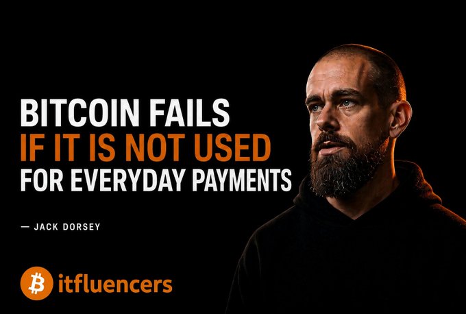 The image is a stylized graphic featuring a bearded man in a dark hoodie against a black background, with a quote reading: "BITCOIN FAILS IF IT IS NOT USED FOR EVERYDAY PAYMENTS — JACK DORSEY," branded with an "itfluencers" logo and Bitcoin symbol.

The accompanying post critiques Dorsey's quote by arguing that Bitcoin's primary value lies in solving the deeper problem of broken fiat money—rather than focusing on everyday payments, which the poster views as a secondary concern to most people who don't even understand what money is.